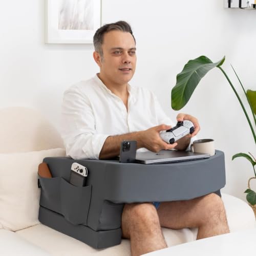 TabCouchCaddy Reading Pillow for Gaming – Extra Large Lap Desk & Arm Rest with Cup & Phone Holder, Adjustable Heights, Laptop Support, Large Pockets – Comfortable for Work, Gaming & Crocheting (Grey) - Image 1