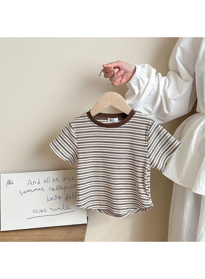 Children's American Style Retro Striped Slim-fit Short-sleeve Contrast Color T-shirt Women's Summer Cotton College All-match Western Style Round Neck Top