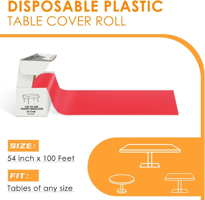 tujol Red Disposable Plastic Table Cloth Roll 54" X 100', Plastic Table Cover with Cutter Box, Cut to Size Disposable Tablecloth for Parties - Image 2
