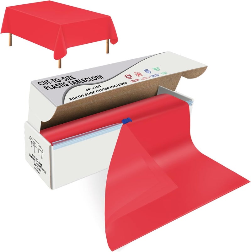 tujol Red Disposable Plastic Table Cloth Roll 54" X 100', Plastic Table Cover with Cutter Box, Cut to Size Disposable Tablecloth for Parties - Image 1