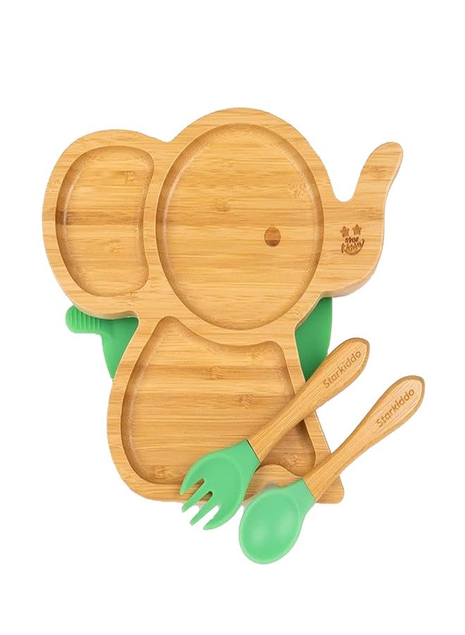 StarKiddo ® ‘Cute Bamboo Tusker Suction Plate’ Baby Plate for Kids and Baby-Led Weaning | 3 Sections | Non-Toxic | Super Strong Suction Cup - Natural Bamboo BPA Free Baby Plate (Green) - Image 1