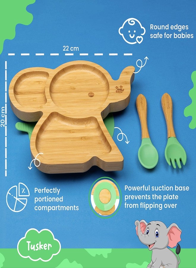 StarKiddo ® ‘Cute Bamboo Tusker Suction Plate’ Baby Plate for Kids and Baby-Led Weaning | 3 Sections | Non-Toxic | Super Strong Suction Cup - Natural Bamboo BPA Free Baby Plate (Green) - Image 2