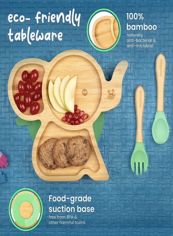 StarKiddo ® ‘Cute Bamboo Tusker Suction Plate’ Baby Plate for Kids and Baby-Led Weaning | 3 Sections | Non-Toxic | Super Strong Suction Cup - Natural Bamboo BPA Free Baby Plate (Green) - Image 4