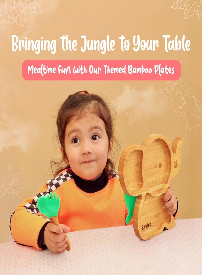StarKiddo ® ‘Cute Bamboo Tusker Suction Plate’ Baby Plate for Kids and Baby-Led Weaning | 3 Sections | Non-Toxic | Super Strong Suction Cup - Natural Bamboo BPA Free Baby Plate (Green) - Image 3