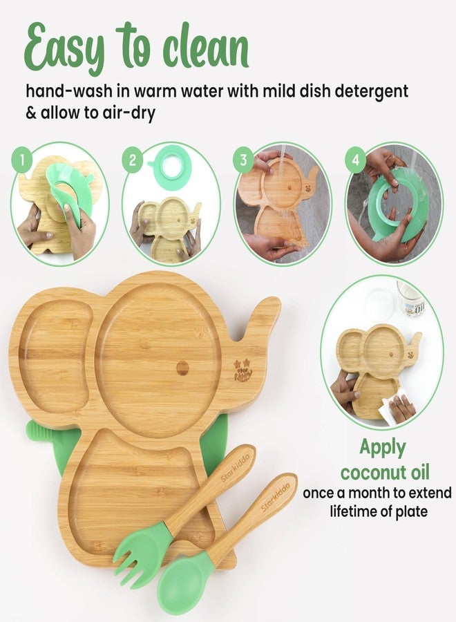 StarKiddo ® ‘Cute Bamboo Tusker Suction Plate’ Baby Plate for Kids and Baby-Led Weaning | 3 Sections | Non-Toxic | Super Strong Suction Cup - Natural Bamboo BPA Free Baby Plate (Green) - Image 5