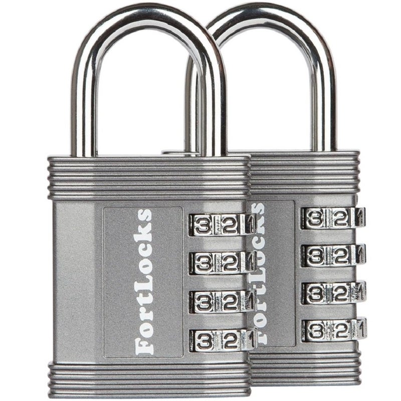 FortLocks Padlock 4 Digit Combination Lock for Gym Outdoor School Locker Fence Case Shed Heavy Duty Resettable Set Your Own Combo Waterproof Weatherproof 2 Pack Silver