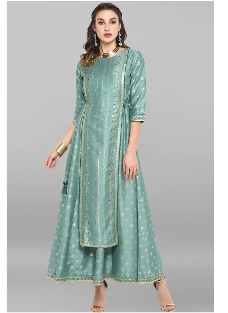 kolaba Green Foil Printed Flaired Floor Length Dress