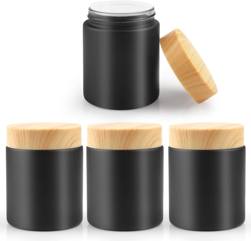 100g/3.4oz Black Frosted Glass Cream Jars Refillable Cosmetic Containers Empty Sample Jar Pot with Plastic Wood Grain Lids for Lotion Cream Eyeshadow Moisturiser Make Up - 4 Pack