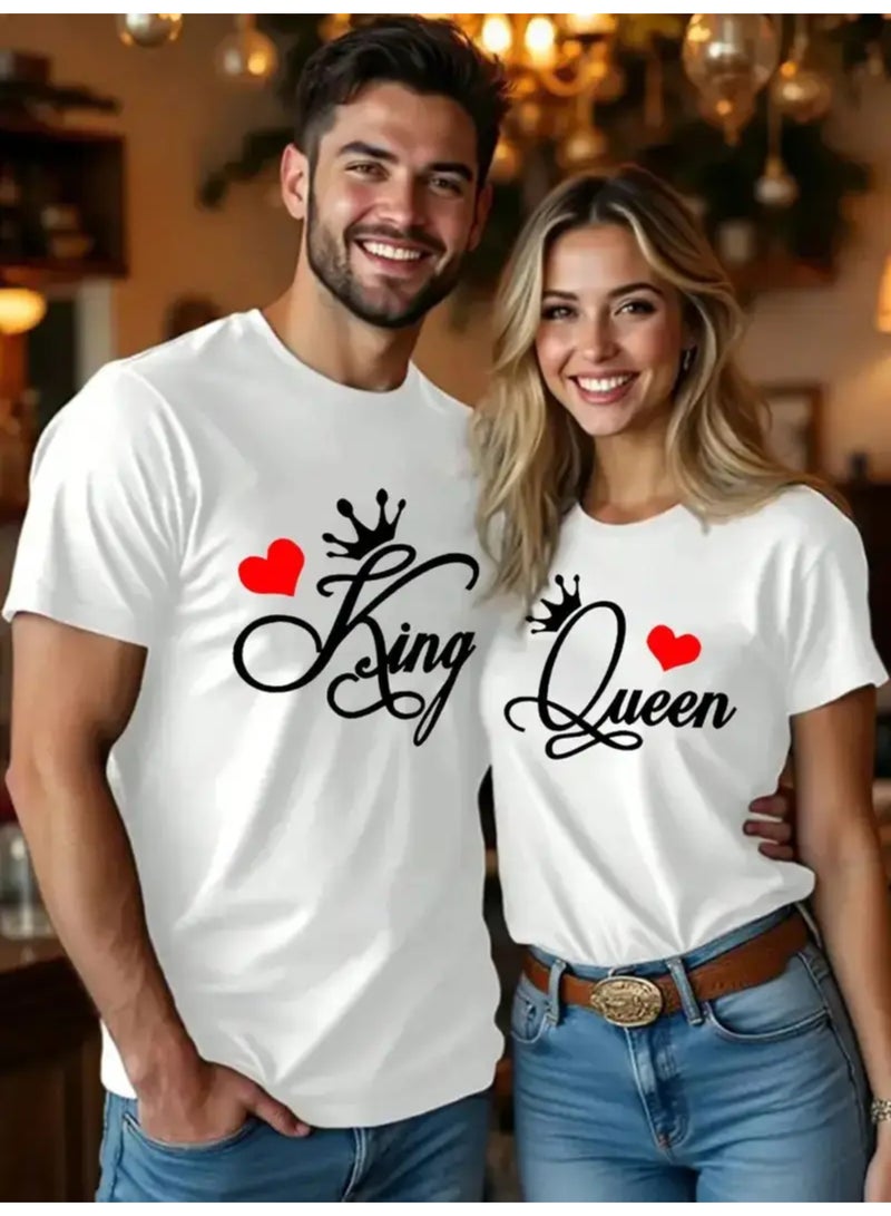 تي شيرت كبير الحجم للجنسين مطبوع عليه حروف للزوجين - كتف منسدلة، مزيج من القطن والسباندكس قابل للتهوية، مناسب للارتداء اليومي الكاجوال (قطعة واحدة) - Image 1