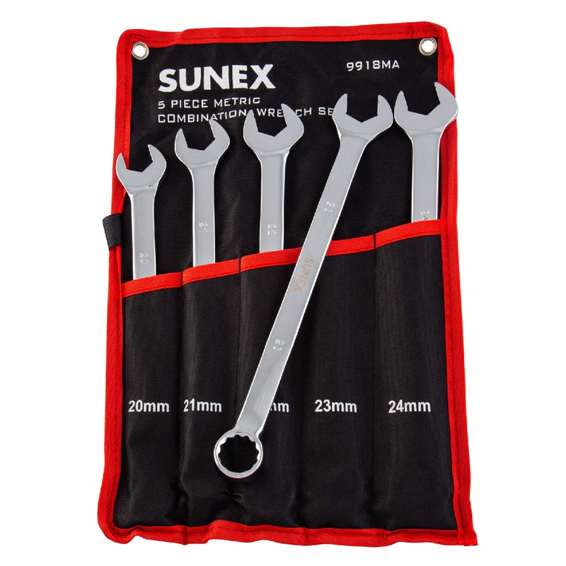 Sunex Tools 9918MA Metric VGroove Combination Wrench Set 20mm 24mm Fully Polished 5Piece Includes RollCase