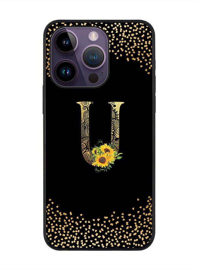 Stylizedd Rugged Black edge case for Apple iPhone 14 Pro, Slim fit Thin Cover -  Custom Monogram Initial Letter Mandala Floral Pattern Alphabet- U  (Black ) - Image 1