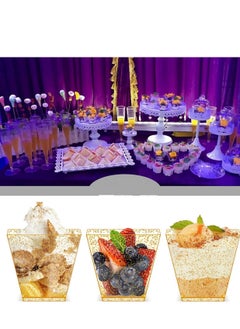 SYOSI Mini Glitter Dessert Cups, Disposable Square Plastic Cake Cups with Spoons Set for Parties Birthday Dinner Party 60ml Small Quartet of Tasting 100pcs (50 + 50 Spoons)  - Image 3