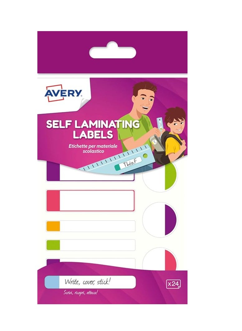 AVERY - Self Laminating Labels, waterproof name labels, lunchbox labels, water bottle labels, school labels, 86 x 17 mm, 24 Labels Per Pack, Neon Colours - Image 1