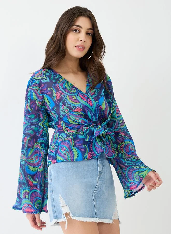 globus Globus Blue Georgette Paisley Print Wrap Top