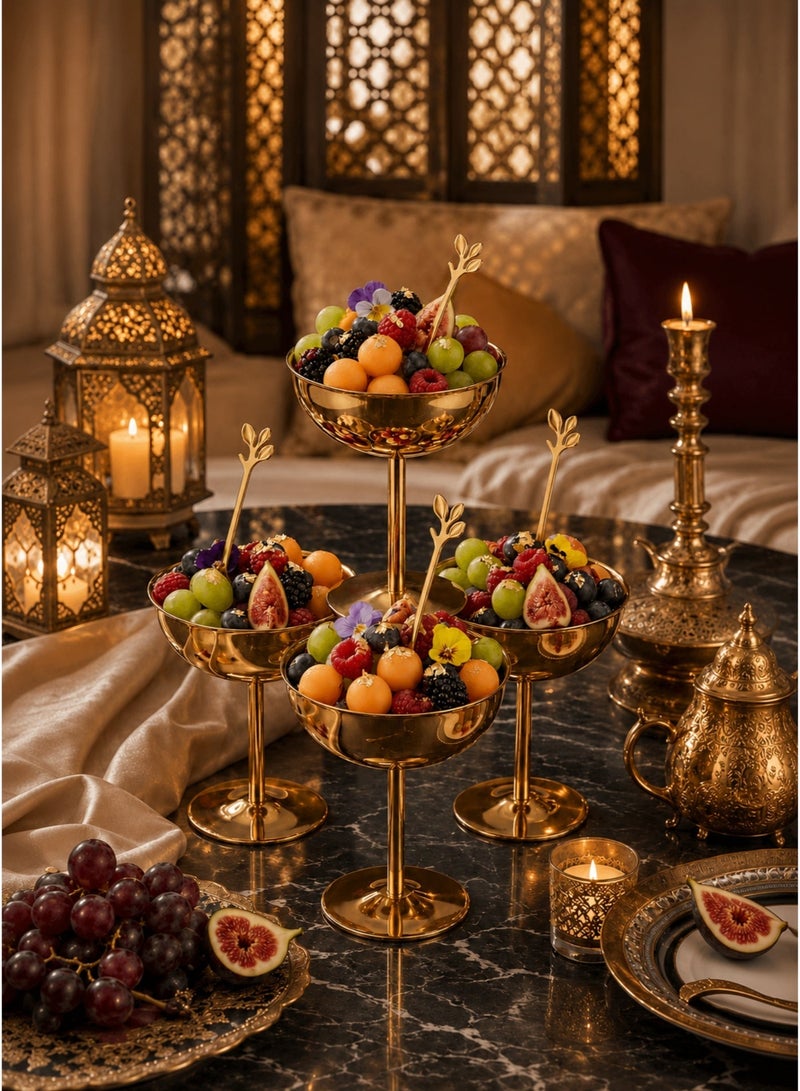 ماساجا ٤ أكواب آيس كريم مع ٤ ملاعق، وعاء حلوى متعدد الاستخدامات من الفولاذ المقاوم للصدأ مع ملاعق على شكل أوراق شجر، كوب فواكه، قاعدة ثابتة من الفولاذ المقاوم للصدأ الآمن غذائيًا، كوب حلوى قابل لإعادة الاستخدام، وعاء آيس كريم، مناسب لشاي ما بعد الظهيرة والبودينغ والوجبات الخفيفة وحفلات المناسبات، ذهبي اللون - Image 4