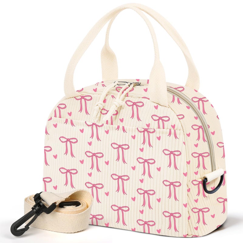 WOBAGMEN Lunch Box for Women,Lunch Bag Cute Corduroy Insulated Lunch Box With Shoulder Strap for Adult Womens for Work Picnic (pink bow heart) - Image 1
