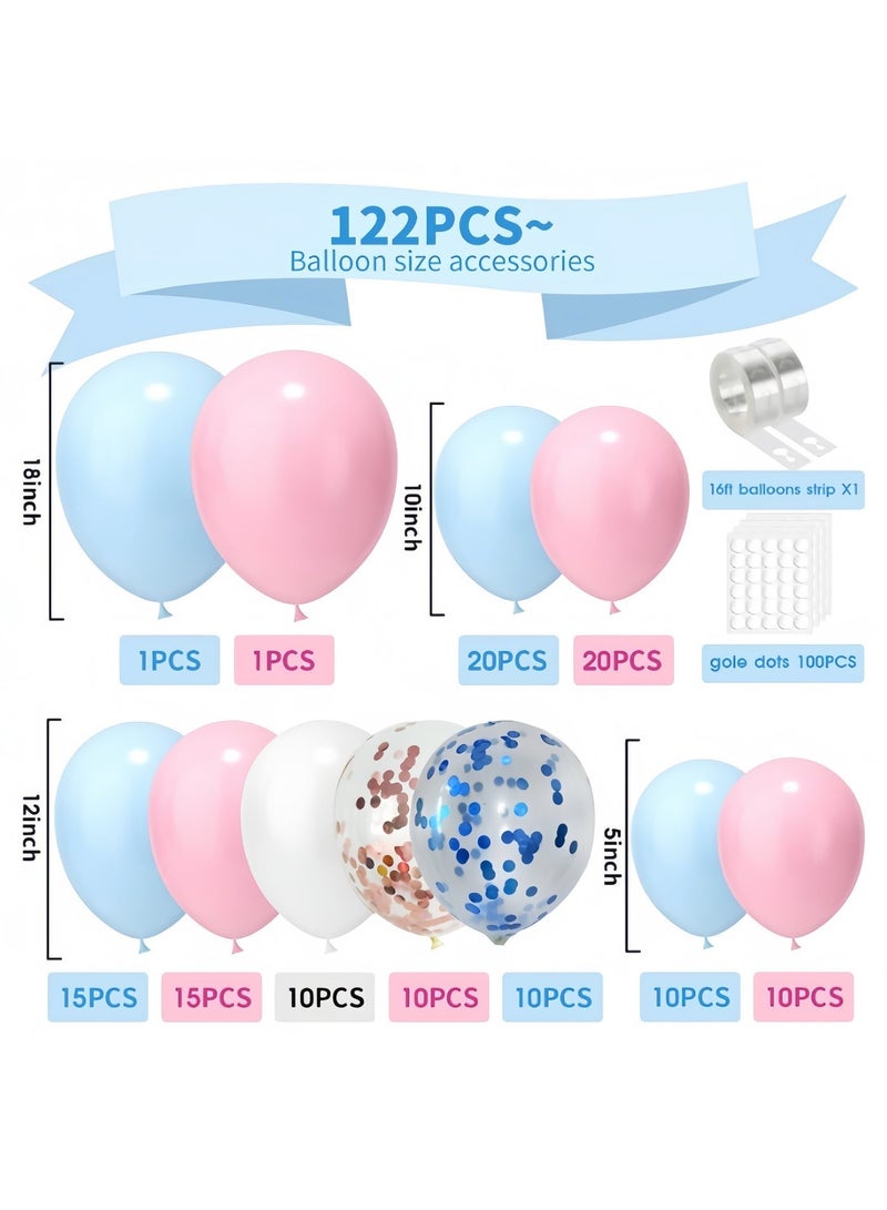 طقم قوس بالونات وردي وأزرق مكون من 123 قطعة - بالونات لاتكس وردية وزرقاء وذهبية اللون، بالونات للكشف عن جنس المولود للأولاد والبنات، ديكورات الكشف عن جنس المولود، ديكورات حفلات استقبال المولود (يتضمن مضخة بالونات) - Image 3