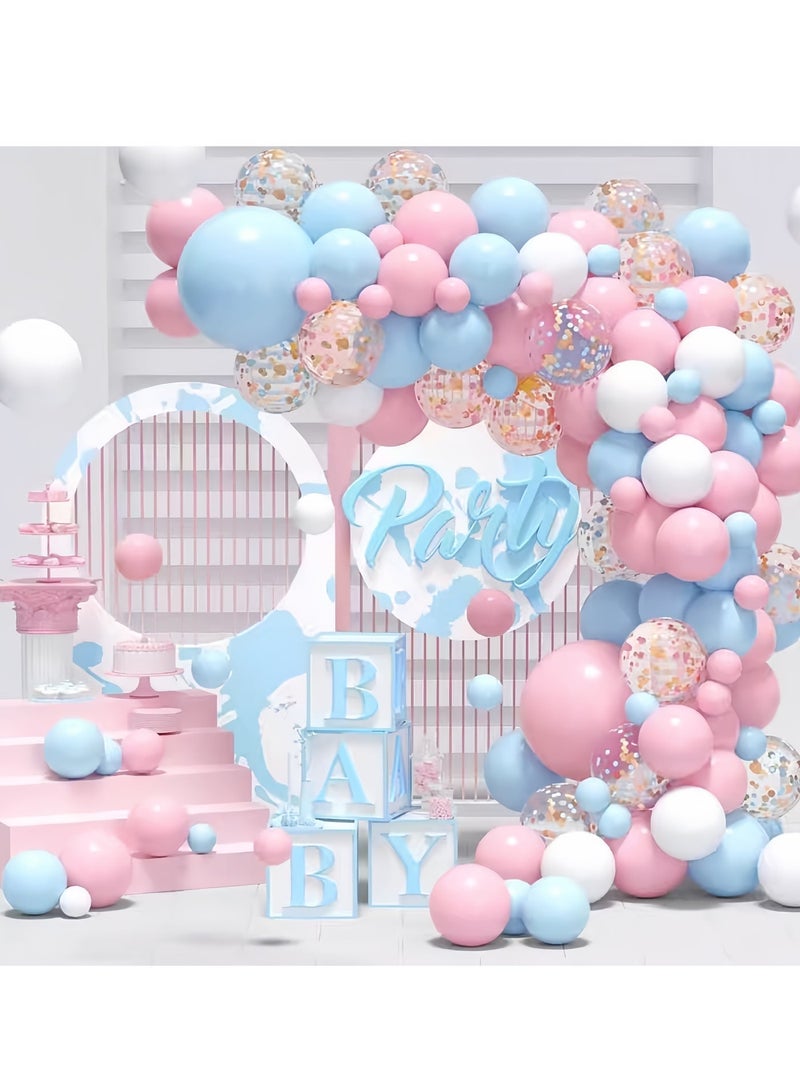 طقم قوس بالونات وردي وأزرق مكون من 123 قطعة - بالونات لاتكس وردية وزرقاء وذهبية اللون، بالونات للكشف عن جنس المولود للأولاد والبنات، ديكورات الكشف عن جنس المولود، ديكورات حفلات استقبال المولود (يتضمن مضخة بالونات) - Image 1