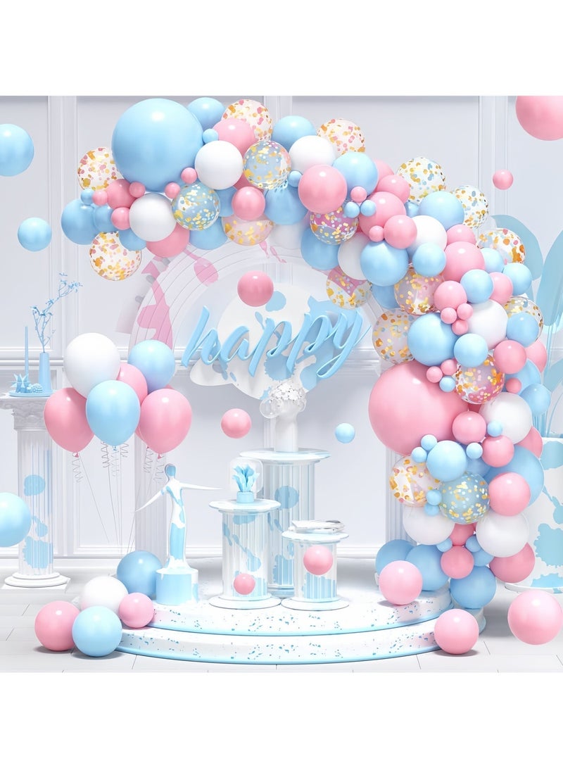 طقم قوس بالونات وردي وأزرق مكون من 123 قطعة - بالونات لاتكس وردية وزرقاء وذهبية اللون، بالونات للكشف عن جنس المولود للأولاد والبنات، ديكورات الكشف عن جنس المولود، ديكورات حفلات استقبال المولود (يتضمن مضخة بالونات) - Image 2