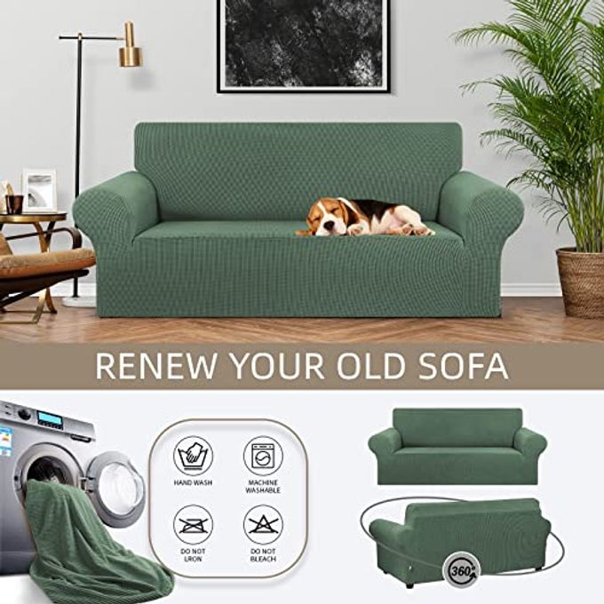 KEKUOU Stretch Loveseat Sofa Cover Slipcover,Couch Covers for 2 Cushion Couch Sofa (55"-78") Furniture Protector Sofa with Elastic Bottom for Kid,Dog. Jacquard Small Checked (Medium,Greyish Green) - Image 3