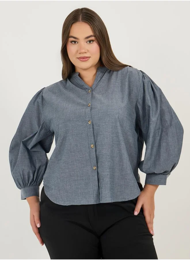 Styli Plus Size Solid Cotton Chambray Stand Collar Shirt