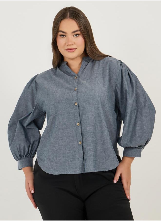 Styli - Plus Size Solid Cotton Chambray Stand Collar Shirt - Image 1