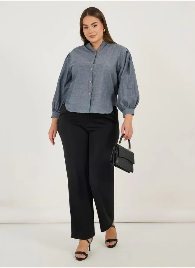 Styli Plus Size Solid Cotton Chambray Stand Collar Shirt