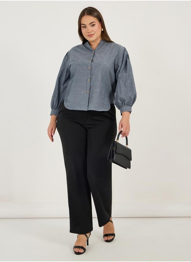 Styli - Plus Size Solid Cotton Chambray Stand Collar Shirt - Image 1