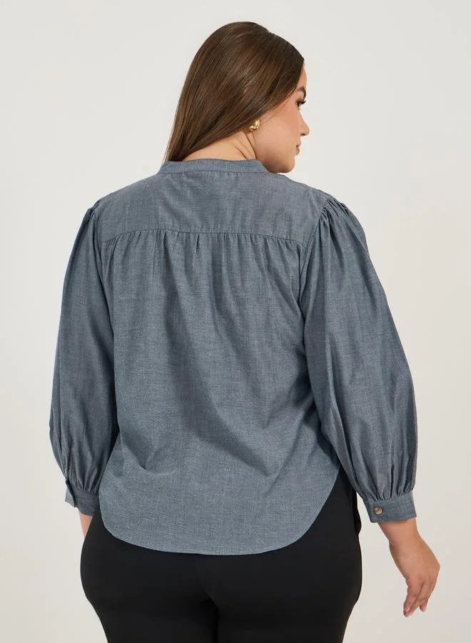 Styli Plus Size Solid Cotton Chambray Stand Collar Shirt