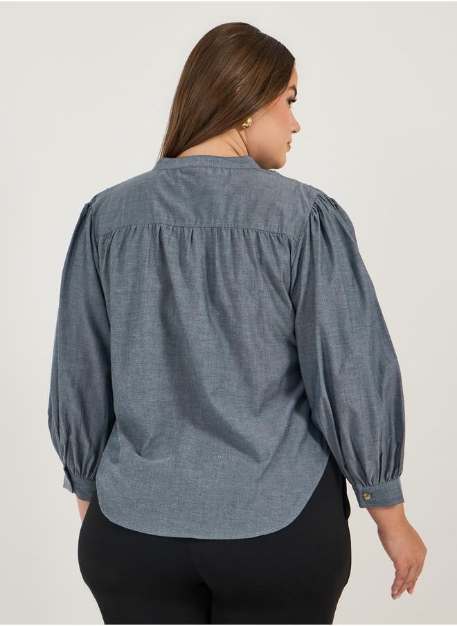 Styli - Plus Size Solid Cotton Chambray Stand Collar Shirt - Image 1