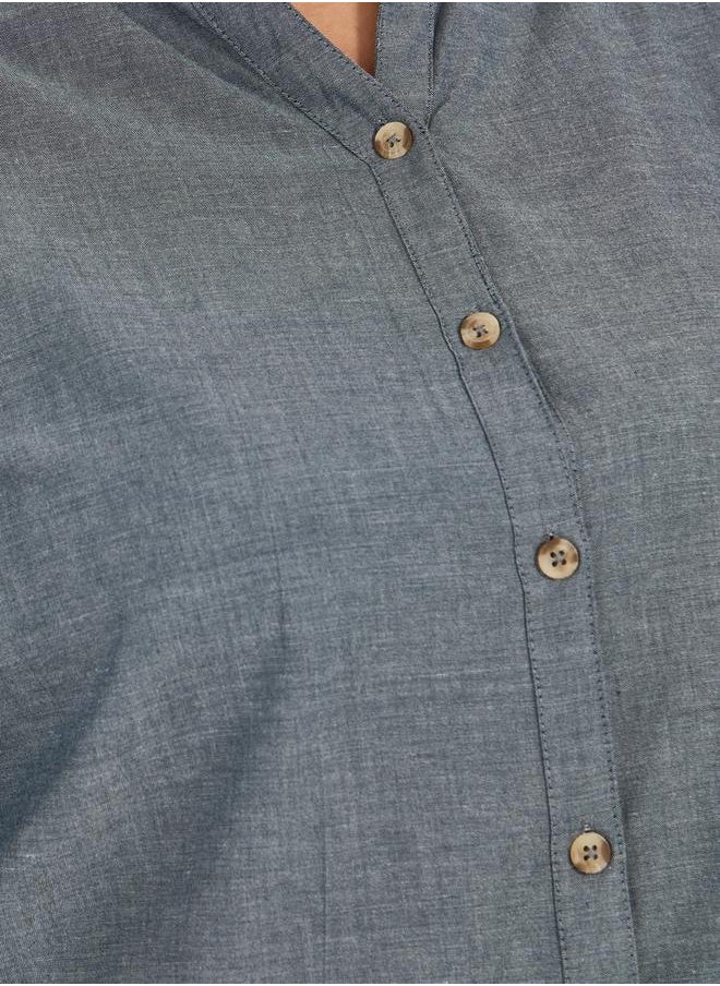 Styli - Plus Size Solid Cotton Chambray Stand Collar Shirt - Image 1