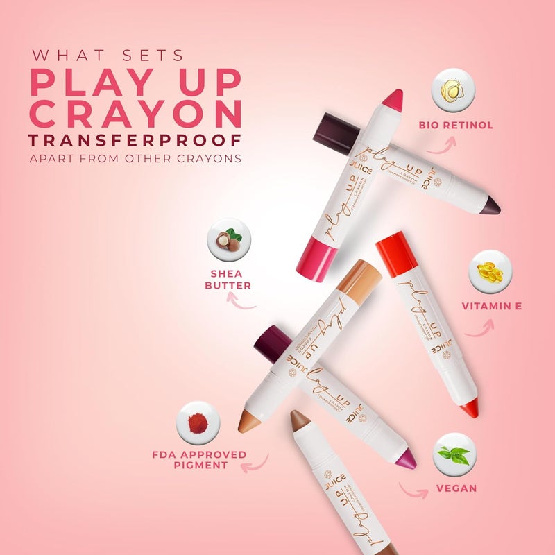JUICE Play Up Lip CrayonPlay long games with transferproof rich color 3pc Combo SetBarely ThereMCR01 Flame OnMCR10 Vino VibesMCR12