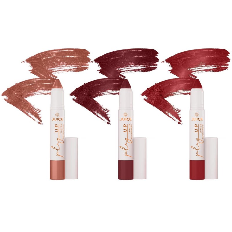 JUICE Play Up Lip CrayonPlay long games with transferproof rich color 3pc Combo SetBarely ThereMCR01 Flame OnMCR10 Vino VibesMCR12