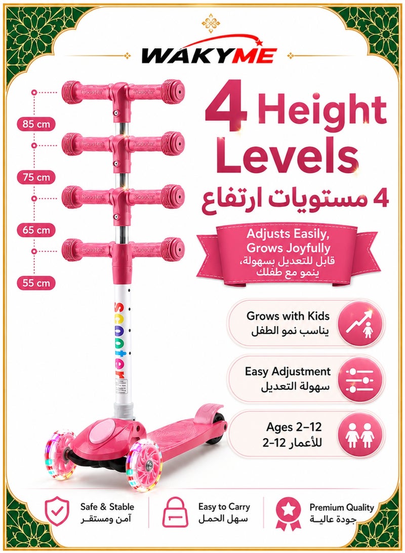 WAKYME Kick Scooter for Kids Ages 2-12 Years – Foldable Toddler Scooter with 4-Level Adjustable Height, Light-Up Flashing Wheels & Non-Slip Deck – Perfect for Boys Girls Balance & Coordination Exercise (Pink) - Image 3