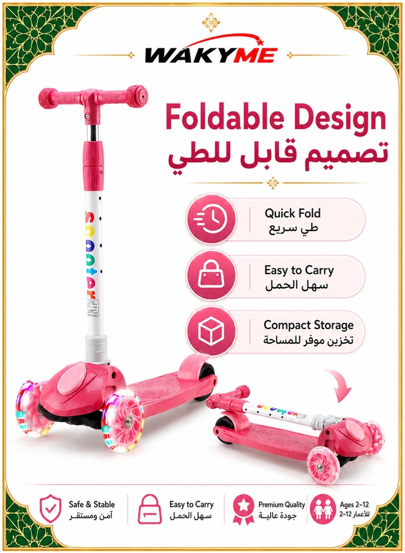WAKYME Kick Scooter for Kids Ages 2-12 Years – Foldable Toddler Scooter with 4-Level Adjustable Height, Light-Up Flashing Wheels & Non-Slip Deck – Perfect for Boys Girls Balance & Coordination Exercise (Pink) - Image 2