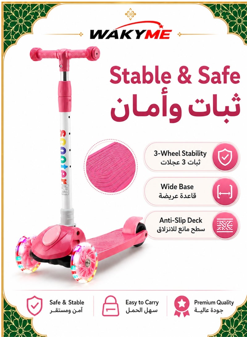 WAKYME Kick Scooter for Kids Ages 2-12 Years – Foldable Toddler Scooter with 4-Level Adjustable Height, Light-Up Flashing Wheels & Non-Slip Deck – Perfect for Boys Girls Balance & Coordination Exercise (Pink) - Image 5