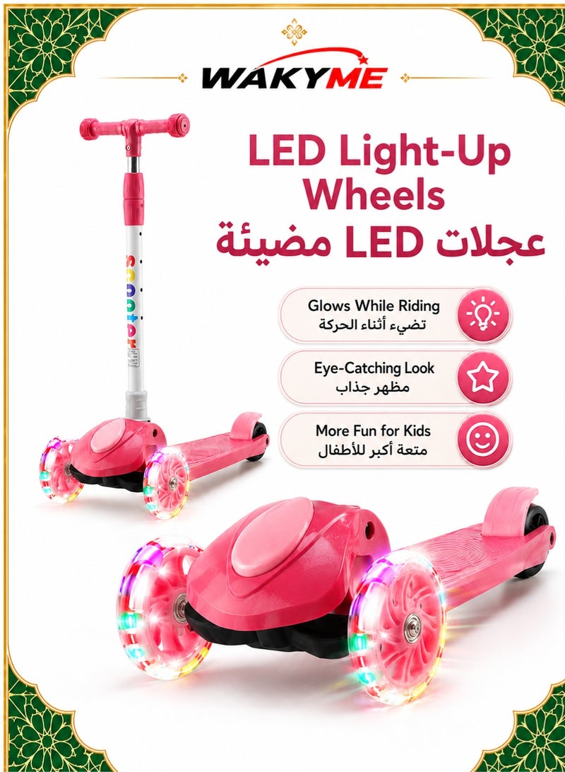 WAKYME Kick Scooter for Kids Ages 2-12 Years – Foldable Toddler Scooter with 4-Level Adjustable Height, Light-Up Flashing Wheels & Non-Slip Deck – Perfect for Boys Girls Balance & Coordination Exercise (Pink) - Image 4