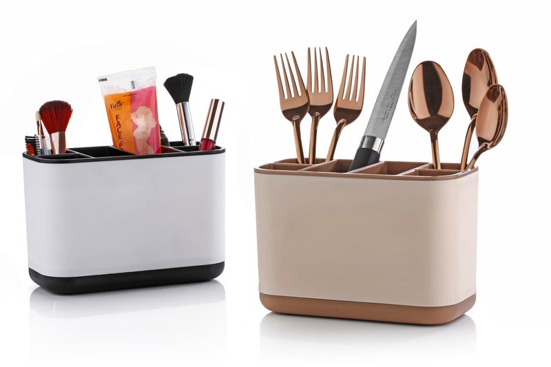 LEAWALL Plastic 6-Compartment Cutlery Holder,Toothbrush & Desk Organizer With Detachable Compartments Multi-Functional Makeup Brush Holder For Home,Office,Kitchen Accessories Items For Home (Ivory) - Image 3