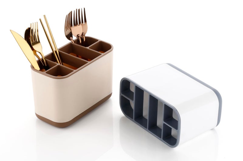 LEAWALL Plastic 6-Compartment Cutlery Holder,Toothbrush & Desk Organizer With Detachable Compartments Multi-Functional Makeup Brush Holder For Home,Office,Kitchen Accessories Items For Home (Ivory) - Image 2
