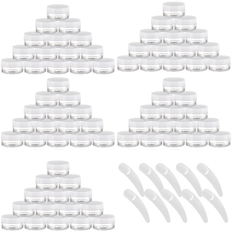 BTYMS 100 Count 10g Small Sample Containers with Lids and 10 Pcs Mask Spatula Refillable Cosmetic Jars Plastic Makeup Containers Lip Scrub Containers for Beauty Products  White