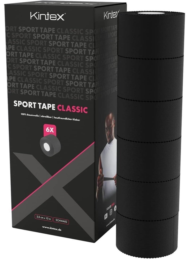 Kintex 6 Rolls Sports Tape, 3.8 cm x 10 m, Non-Elastic, Rigid Tape, for Fixing and Stabilizing Joints, Finger Tape, Tape Bandage, Skin-friendly, Tearable (Black)