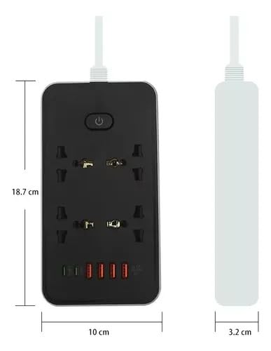 NOJTI Extension Board, Power Strip with 6 USB Ports and 3 Universal Socket, 2500W 10A Extension Cord, 3-Pin Surge Protector Power Strip for Home, Office, Computer, Mobile Charging (Black-Z66) - Image 2