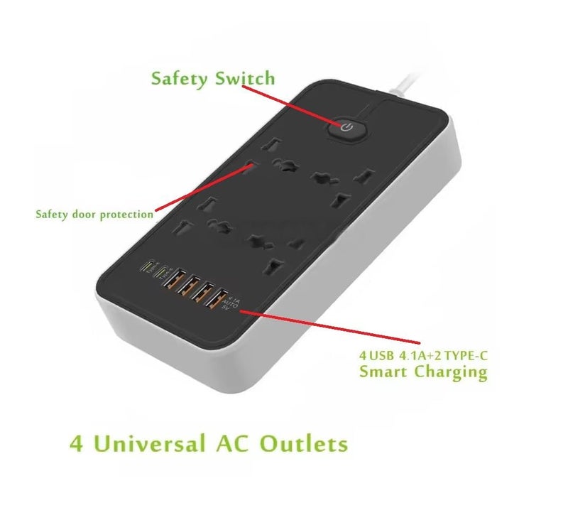 NOJTI Extension Board, Power Strip with 6 USB Ports and 3 Universal Socket, 2500W 10A Extension Cord, 3-Pin Surge Protector Power Strip for Home, Office, Computer, Mobile Charging (Black-Z66) - Image 3