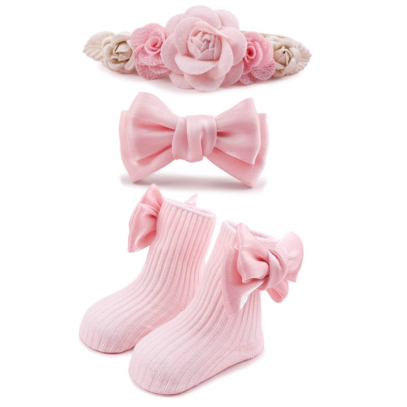 BFNAAgirl Baby Girl Nylon Headbands Socks Set Baby Bow Tie Socks Newborn Flower Socks Elastic Hairbands Hair Accessories Gift for Newborn Infant Toddlers (W-3) - Image 1
