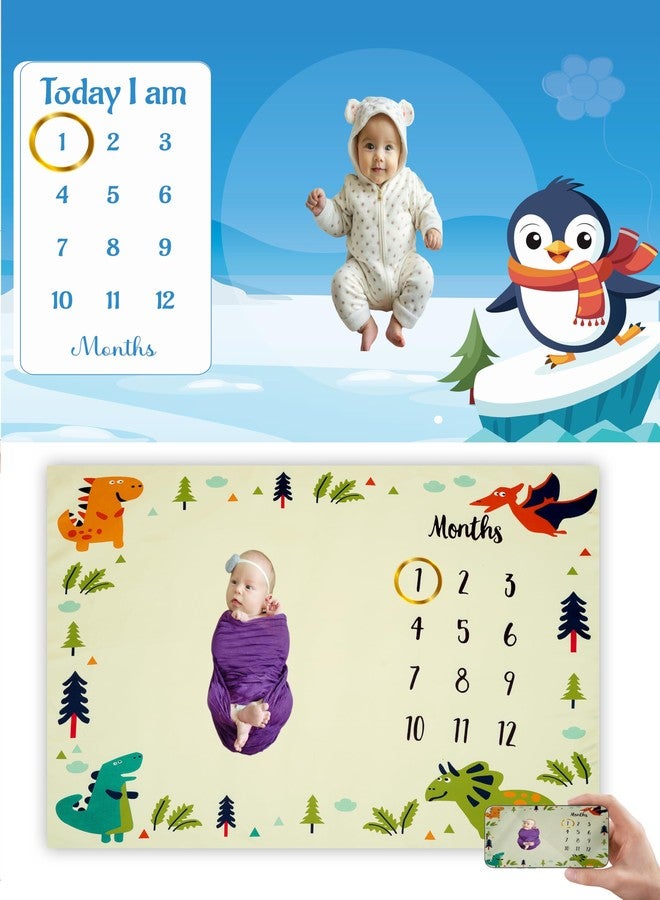 Hoolloomooloo Combo of 2 Baby Monthly Milestone Blankets for Photoshoot | Penguin Theme & Dinosaur Theme | Soft Fleece 90x120cm | 15 Cards + Golden Ring Props Included - Image 1