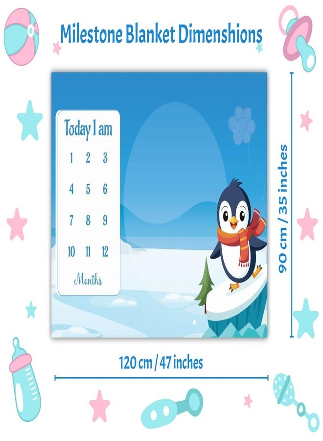 Hoolloomooloo Combo of 2 Baby Monthly Milestone Blankets for Photoshoot | Penguin Theme & Dinosaur Theme | Soft Fleece 90x120cm | 15 Cards + Golden Ring Props Included - Image 2
