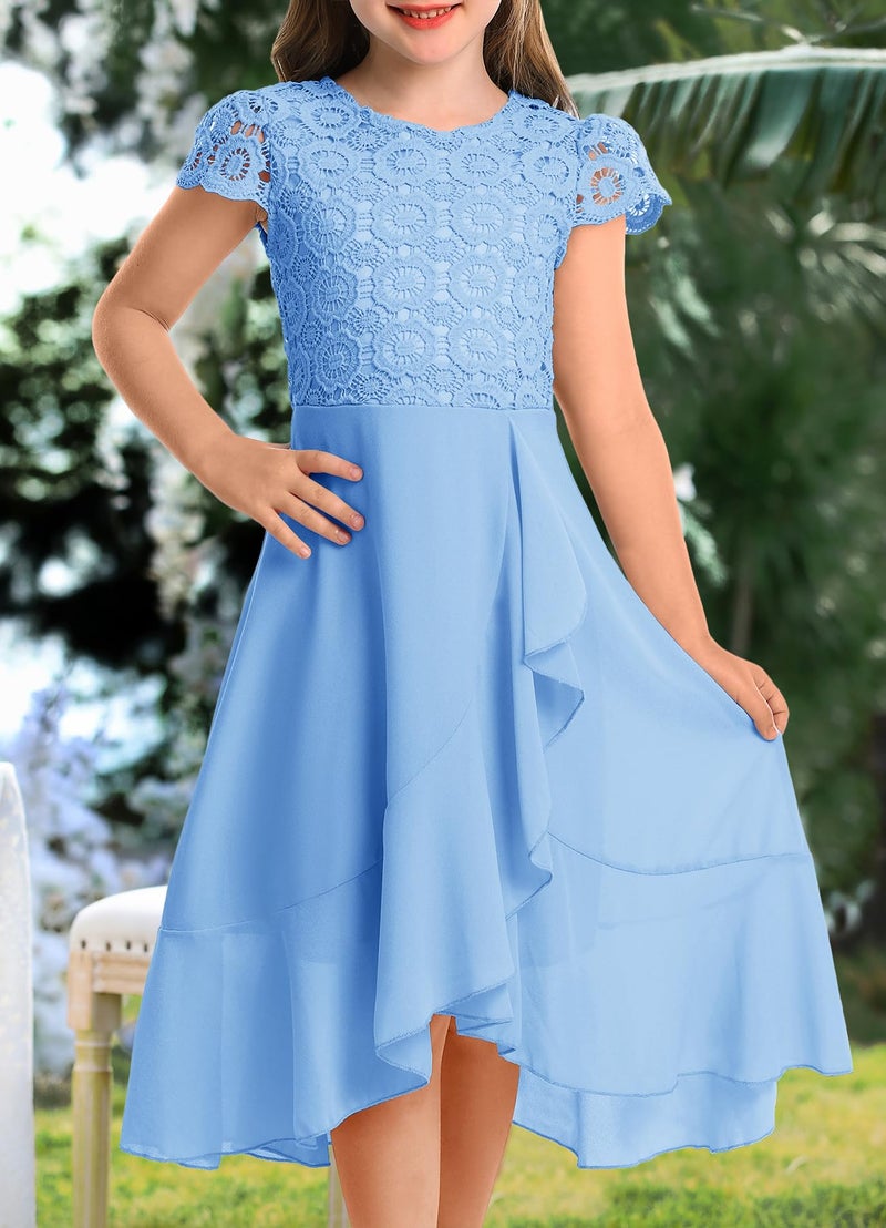HOSIKA Girls Chiffon Flower Girl Dresses Flutter Sleeves A-Line Swing Wedding Party Long Maxi Dress for 12-13 Years Light Blue - Image 2