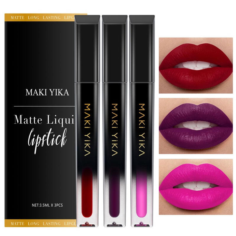 MAKI YIKA 3Pcs Matte Liquid Lipstick Makeup Set Red Purple Pink Lipstick Long Lasting Smudge Proof Non Transfer Lip Makeup