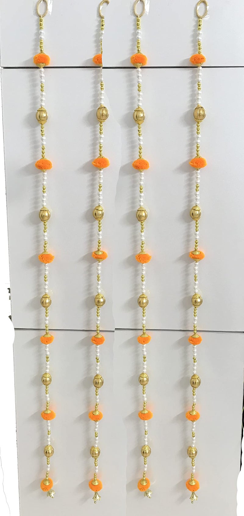 Aahum Handmade Wall Door 6 FT.4 Strings Orange Pom Pom with White Pearl Golden Beads Hanging Torans Garland Bandhwar Decoration Item for Home Décor Diwali Festival, Navratri, Wedding (6 FT 4 Strings) - Image 2
