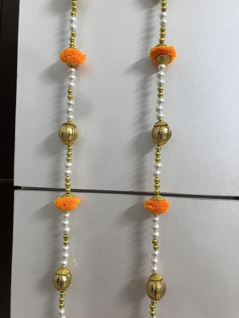 Aahum Handmade Wall Door 6 FT.4 Strings Orange Pom Pom with White Pearl Golden Beads Hanging Torans Garland Bandhwar Decoration Item for Home Décor Diwali Festival, Navratri, Wedding (6 FT 4 Strings) - Image 5